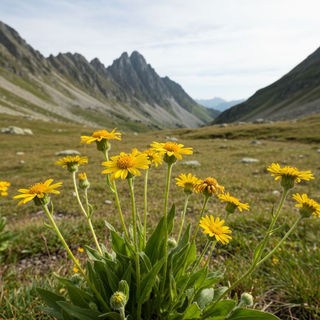Wild alpine arnica flowers in mountain meadow